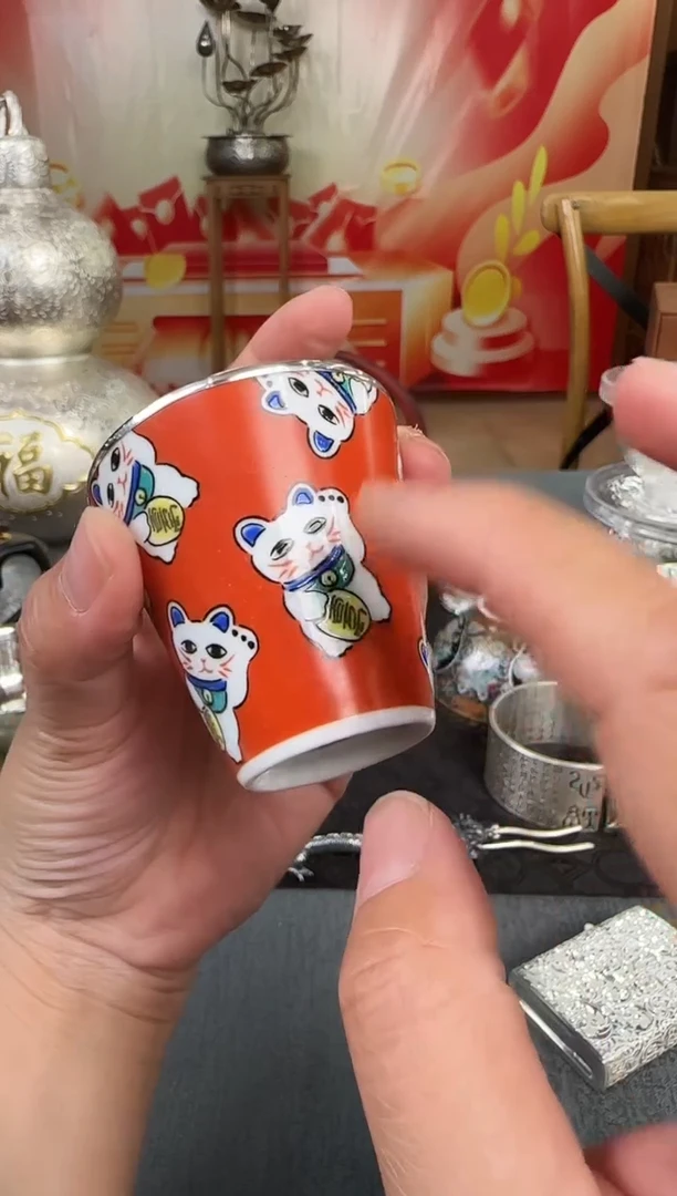 足银999精工手工猫九谷烧主人杯