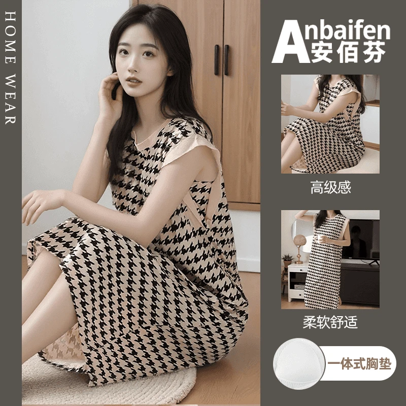 夏季薄款带胸垫睡裙女背心连衣裙千鸟格休闲家居睡裙大码夏天长裙