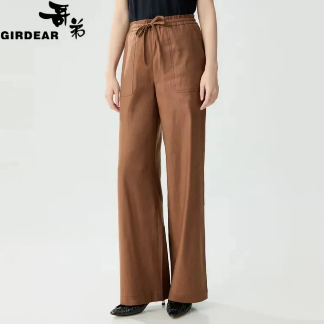 GIRDEAR/哥弟1100464   新款女士时尚休闲松紧高腰显瘦亚麻直筒裤