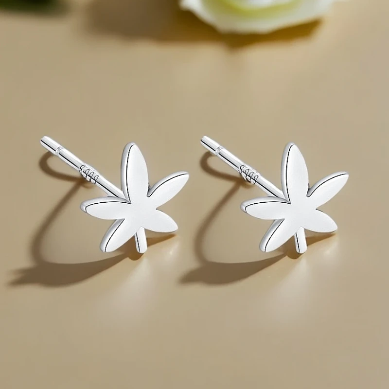 足银耳饰 【银喜生】足银纯银实心枫叶耳钉 养耳洞