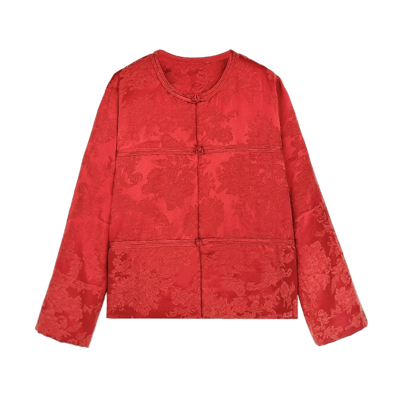 【清都紫薇】百搭女士宽松国风盘扣冬季保暖圆领夹棉棉服