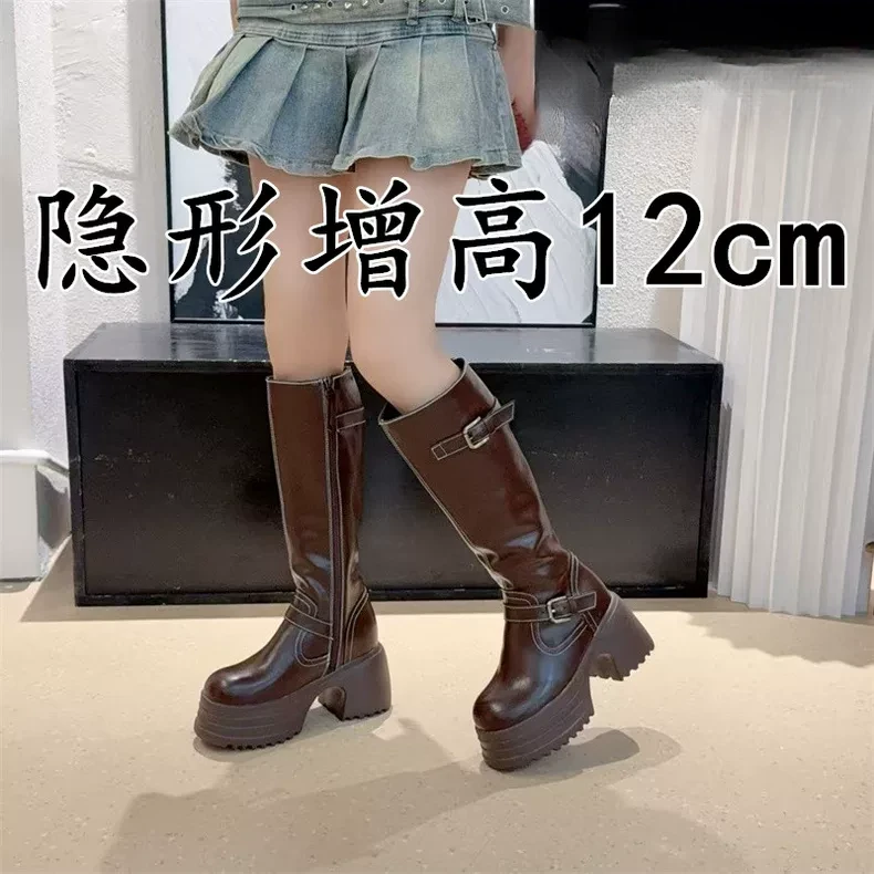 真皮~内增高12cm厚底长筒靴女棕色复古皮带扣时装靴欧美风骑士靴