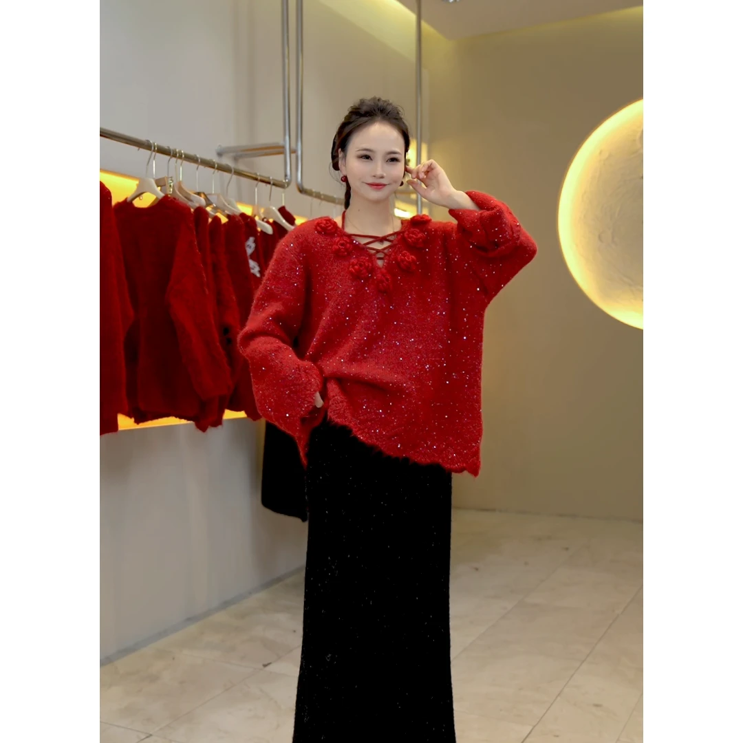 桔子甜了2024秋冬新款亮片绑带V领加厚显瘦温柔休闲针织毛衣女