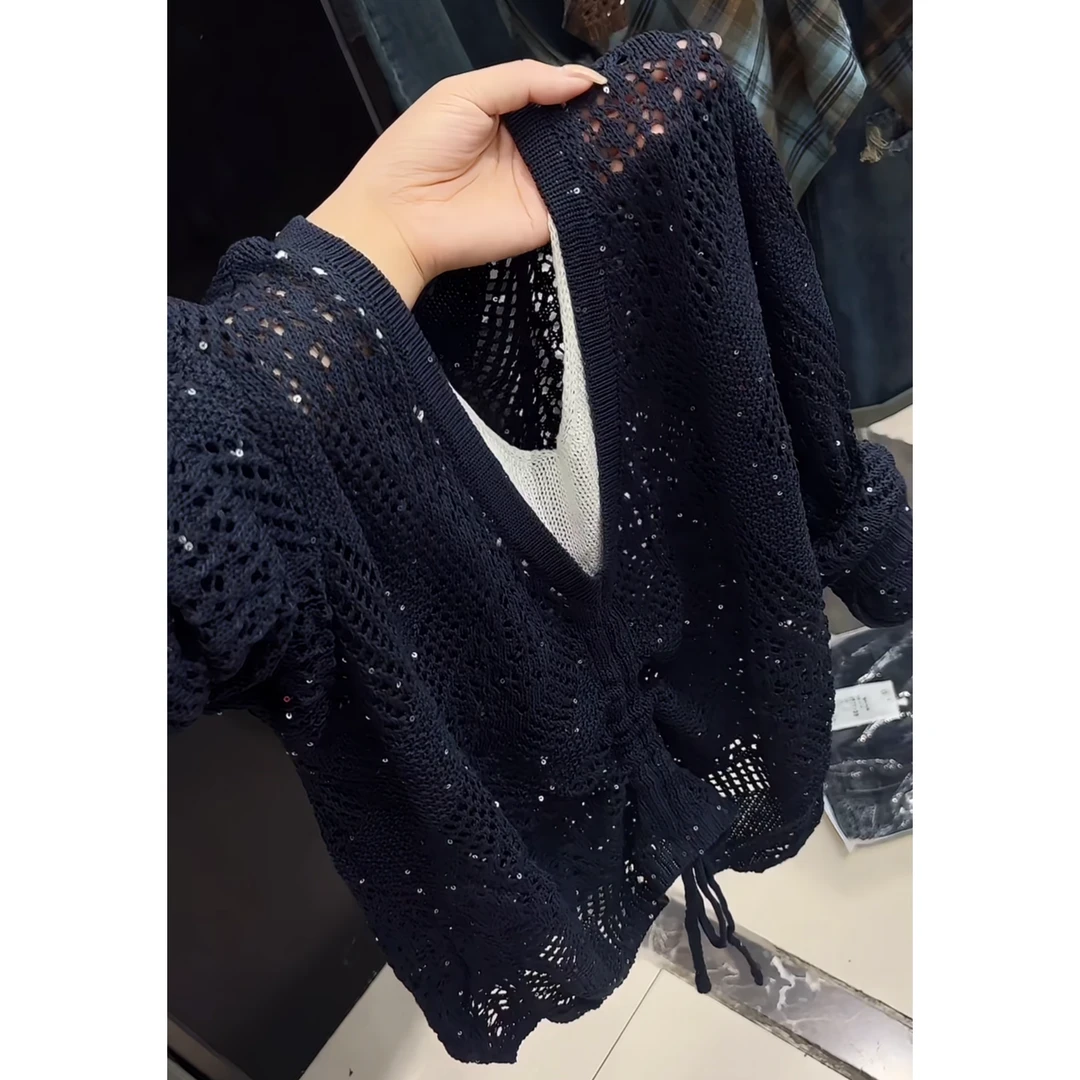 今年流行穿搭2025早秋新款温柔风假两件拼接镂空毛针织衫长袖上衣