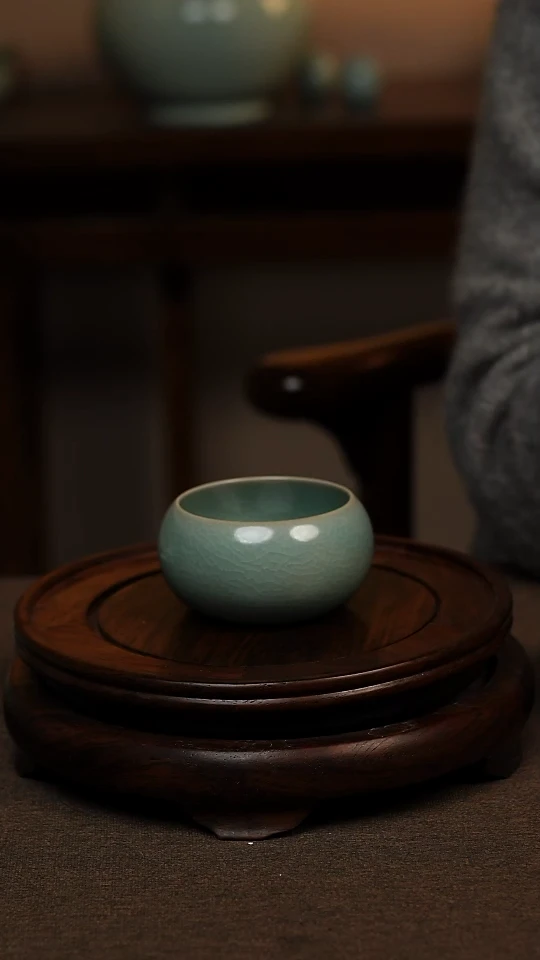 瓷片仿古青绿釉全手工卧足罗汉杯100ml 一级礼盒包装