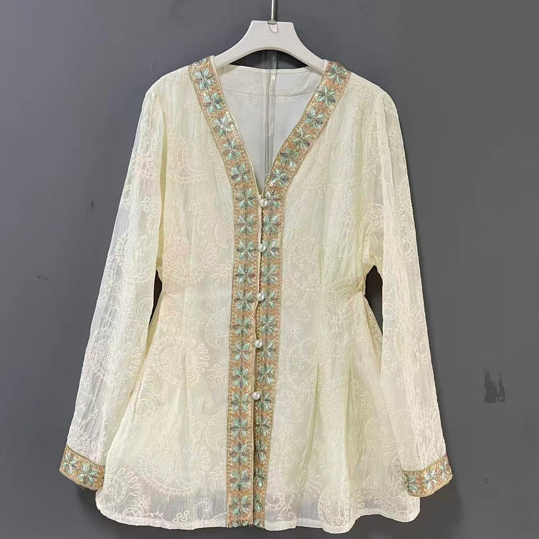 薄款直襟中长款长袖V领上衣重工气质百搭中国风女士