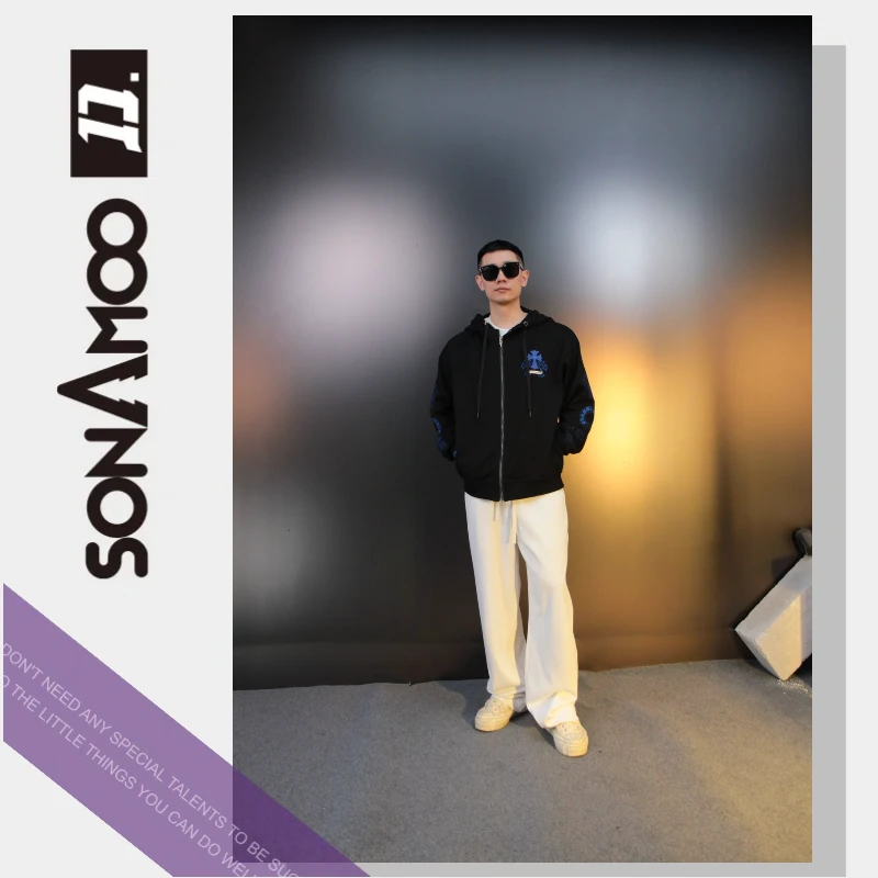 【安仔】sonAmoo蓝色拼皮十字刺绣开衫连帽外套男士秋季D15502