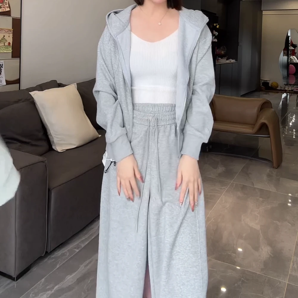 春季新款休闲百搭拉链夏季开衫外套阔腿裤休闲裤两件套套装女运动
