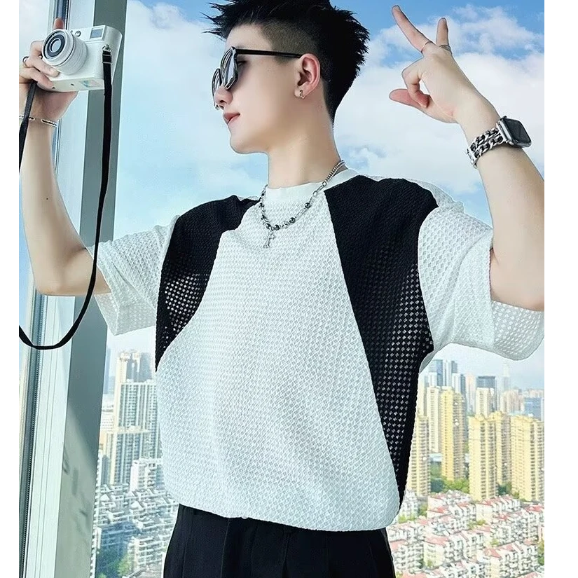 2025夏季新款男士潮流个性镂空短袖T恤ins潮牌痞帅薄款半截袖衣服