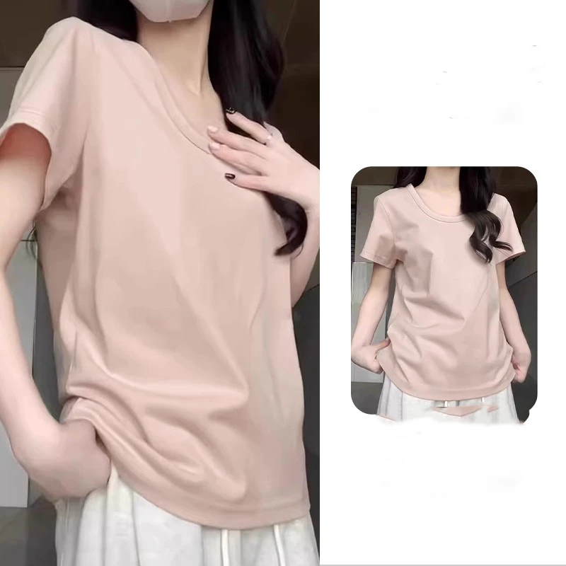 减龄粉色U领正肩短袖T恤女爆款2025新款夏季慵懒风休闲百搭上衣