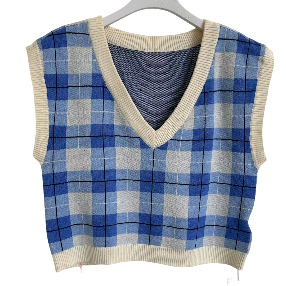 241格子针织马甲女背心春秋短款外穿百搭v领毛衣