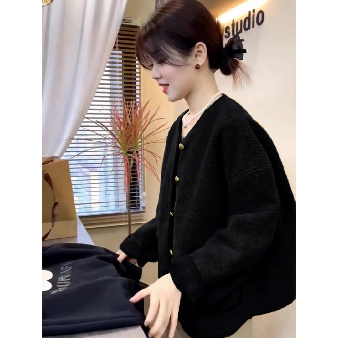 圆领皮毛一体毛呢外套2024秋冬新款宽松休闲显瘦高级感羊圈呢上衣