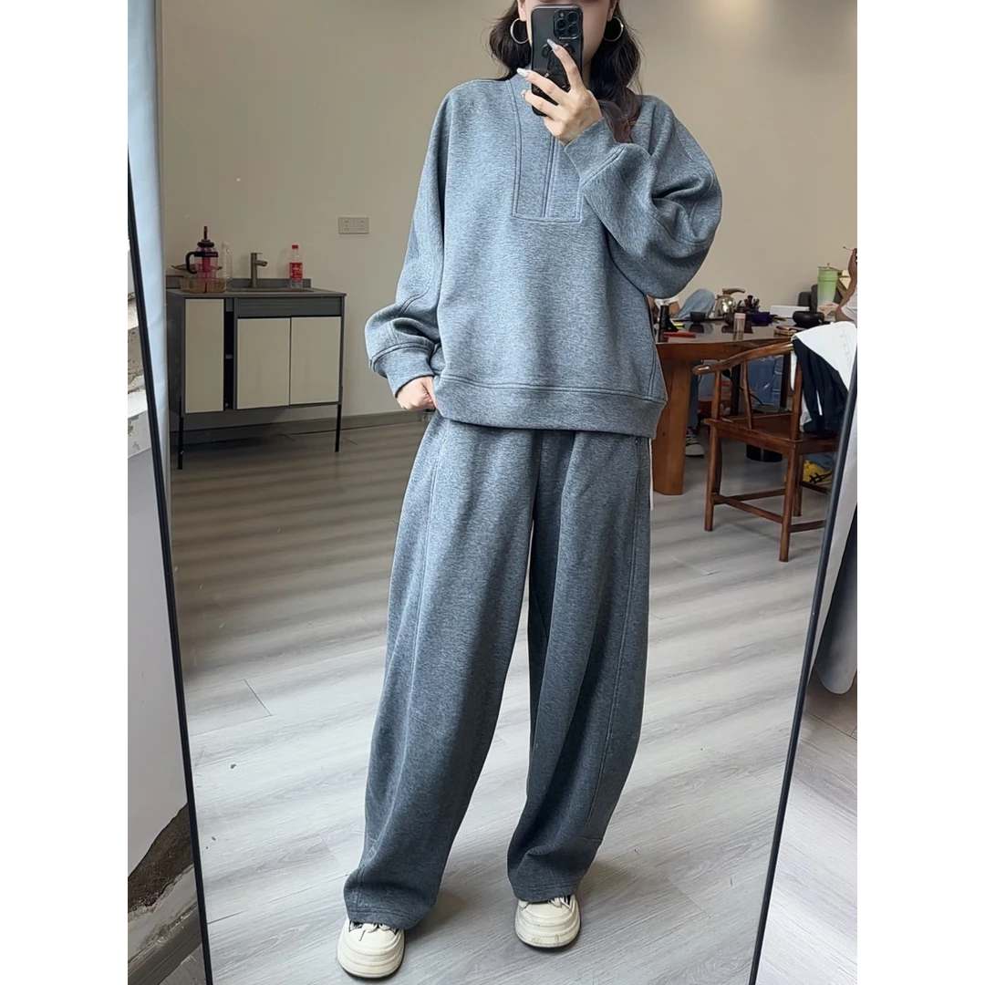 1546慵懒风灰色半拉链卫衣卫裤套装女装宽松显瘦休闲运动两件套潮