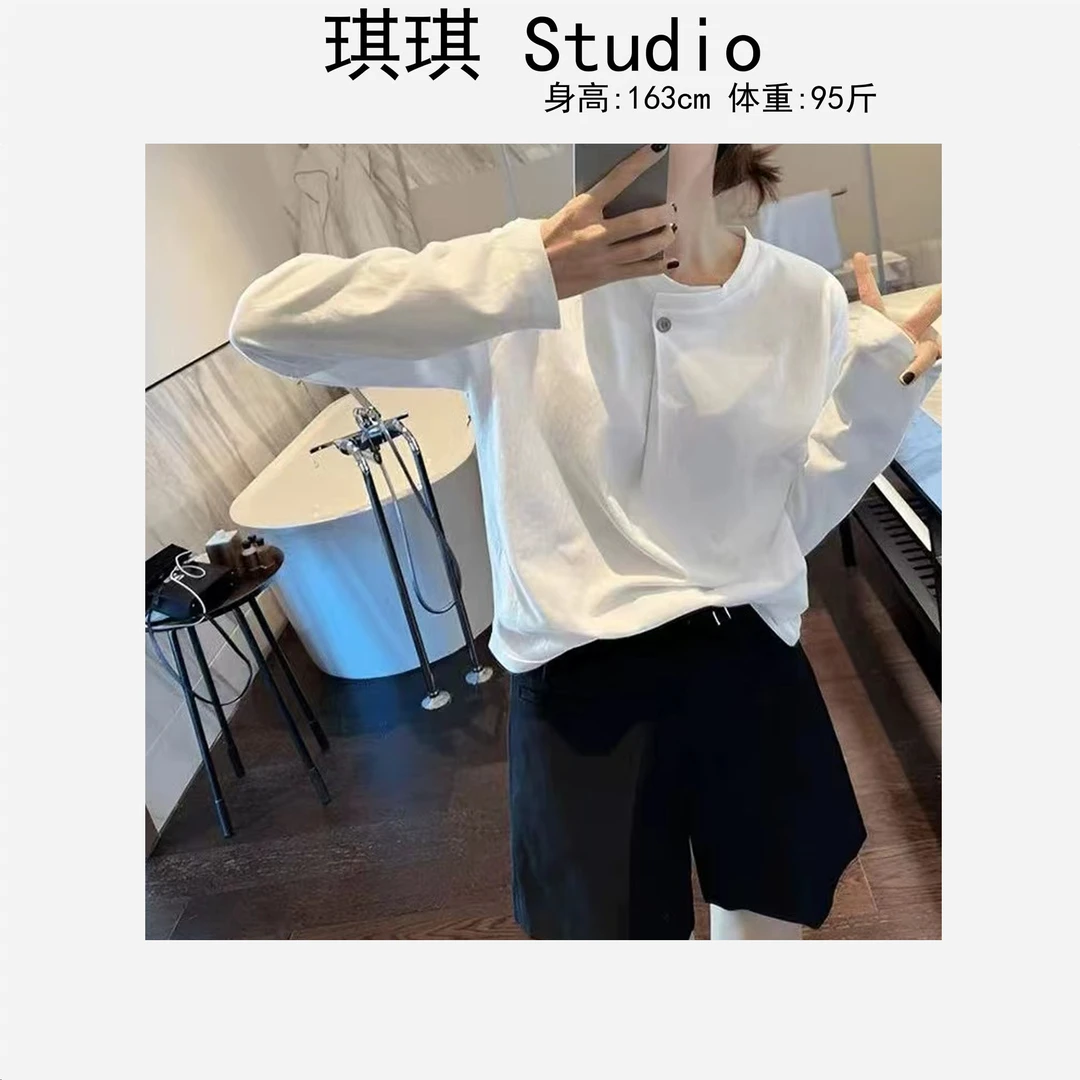 春季新款圆领纽扣基础简约气质时尚白色显瘦减龄休闲百搭上衣-C