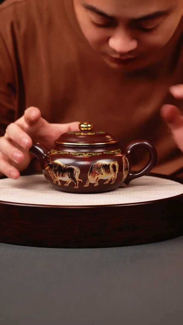 茶壶紫砂石红珐琅彩五牛仿古