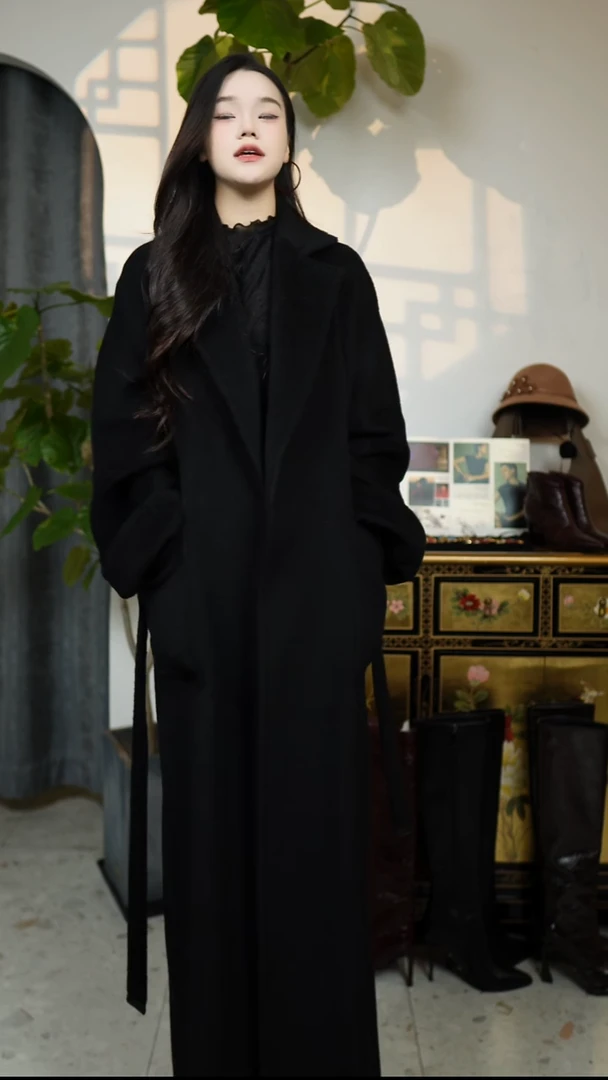 黑色百百骆驼绒长款高定浴袍大衣 M码