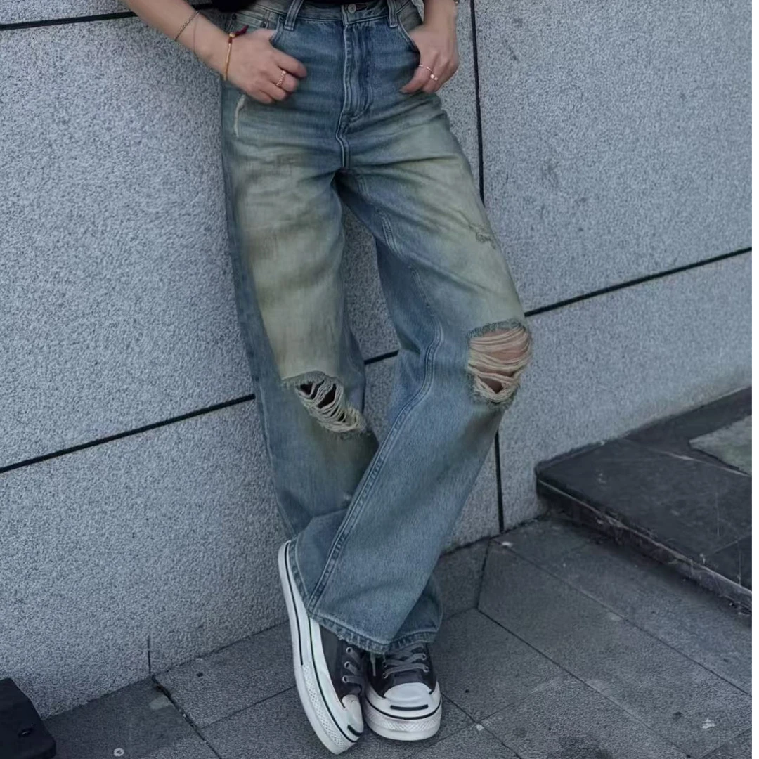 脏赃款破洞牛仔裤高腰中腰裤子街头复古破洞牛仔裤