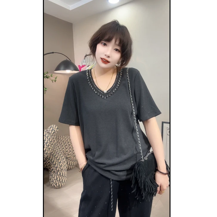 春款重工镶钻T恤半袖