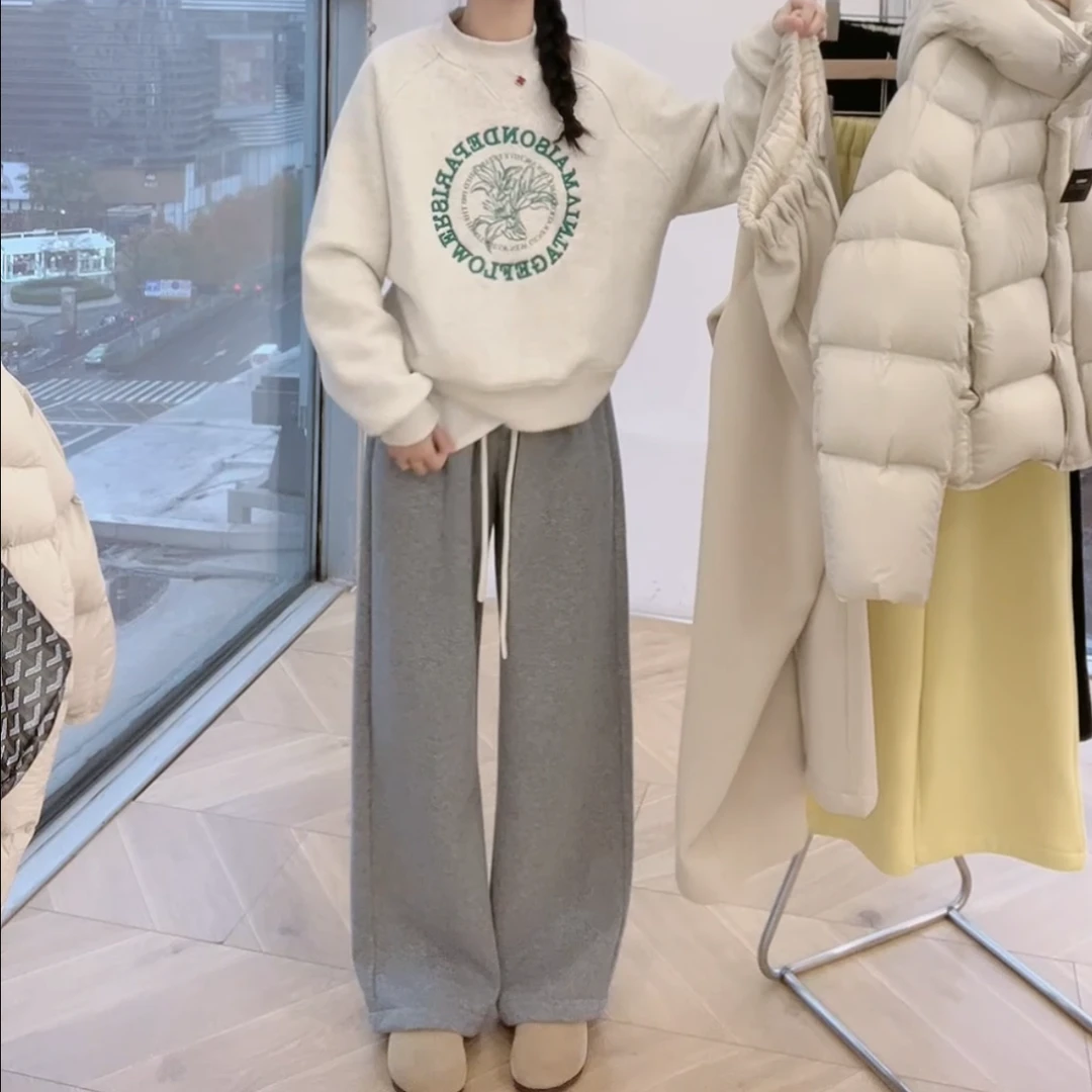 加绒阔腿裤2024新款冬季定制加厚直筒宽松保暖纯色休闲裤