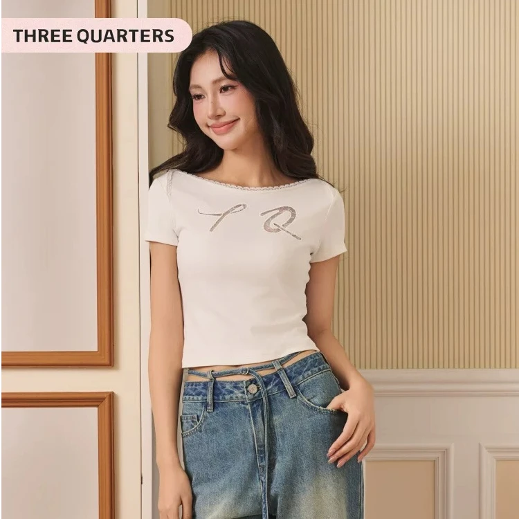 Three Quarters25SS定位蕾丝logo镂空绣花T恤短款短袖