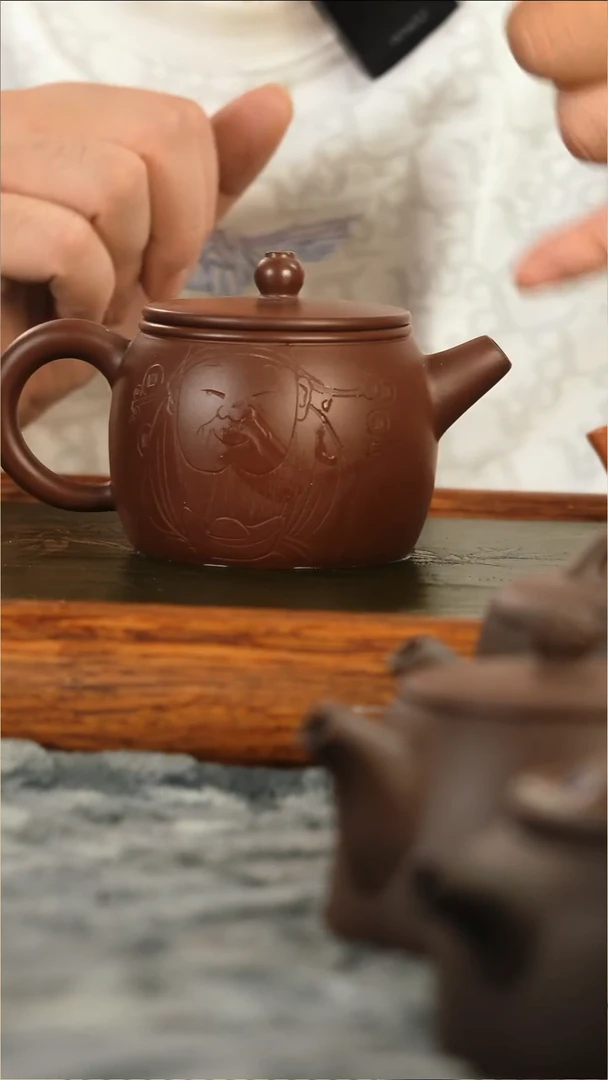 茶壶紫砂紫朱泥招财进宝明式圆鼓小汉瓦