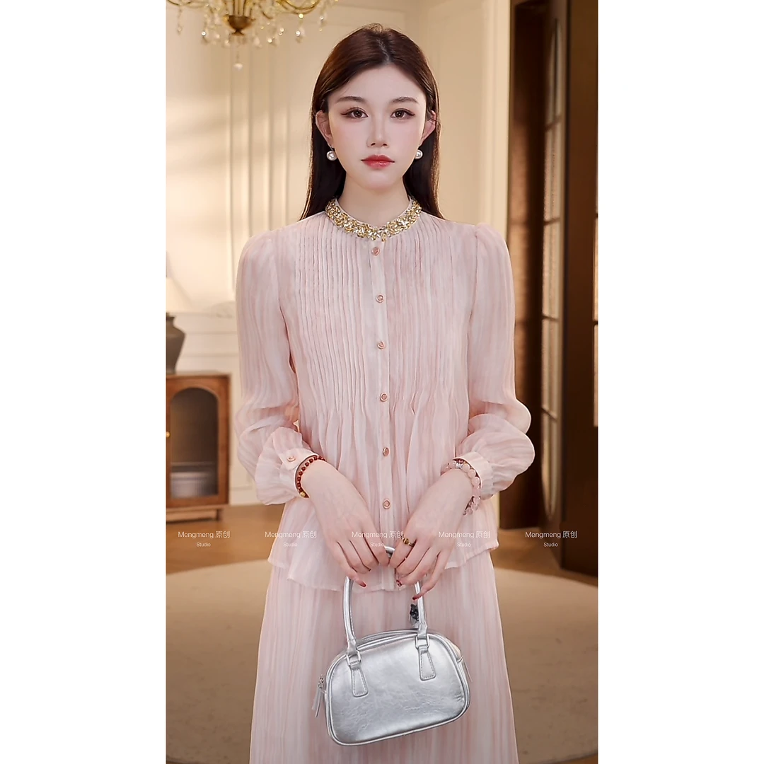 【梦梦&GERTC】希蔓 镶钻圆领压褶花瓣长袖褶皱时尚套装 GC251T1016