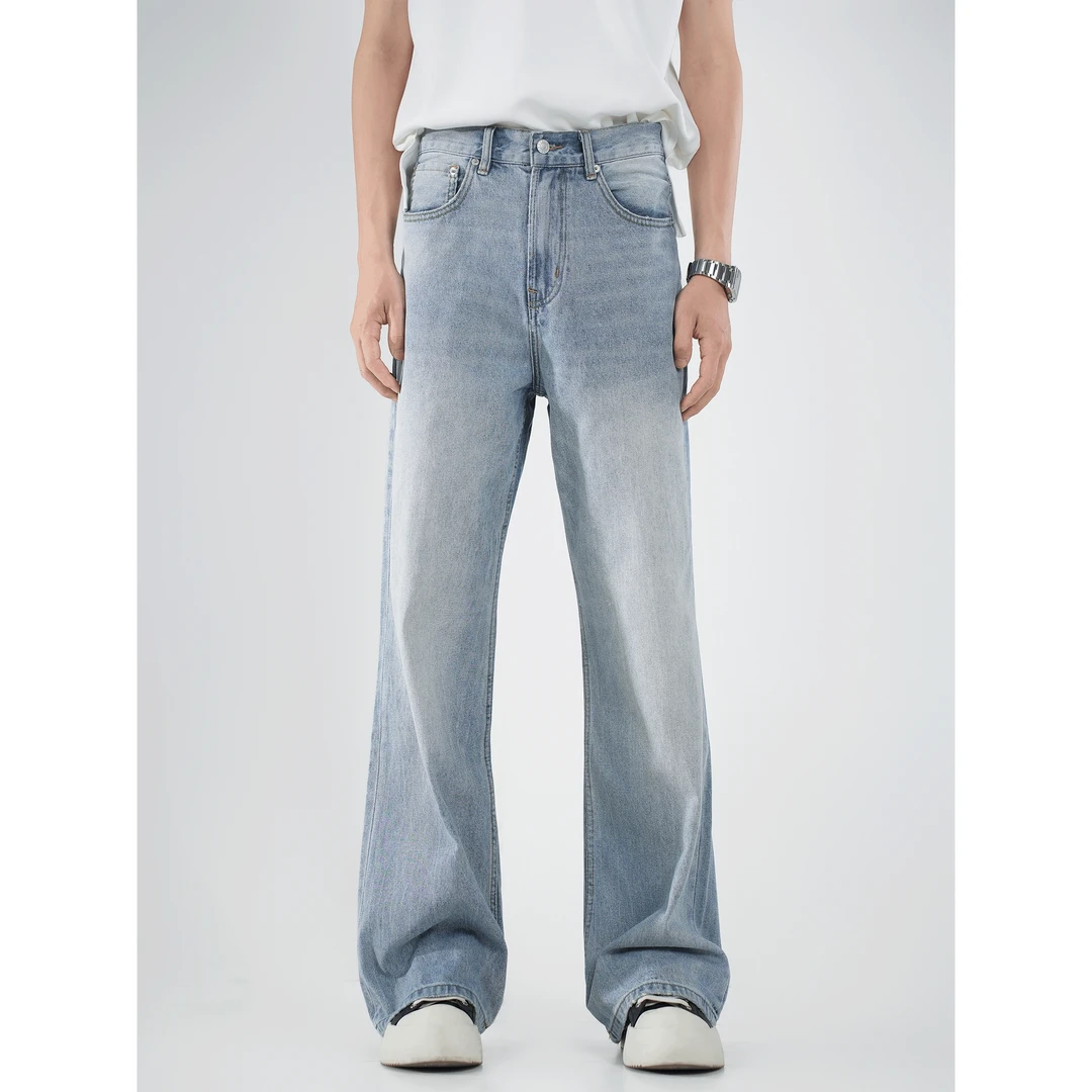 浅蓝色牛仔裤男士宽松阔腿裤子休闲百搭直筒男生潮流长裤-9003