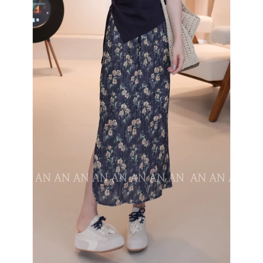 C04303新款小清新温柔度假风气质中长款开叉遮胯碎花半身裙