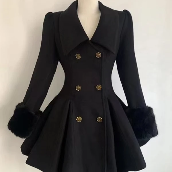 2025时尚气质显瘦气质复古法式赫本风气质双排扣毛毛拼接大衣2975