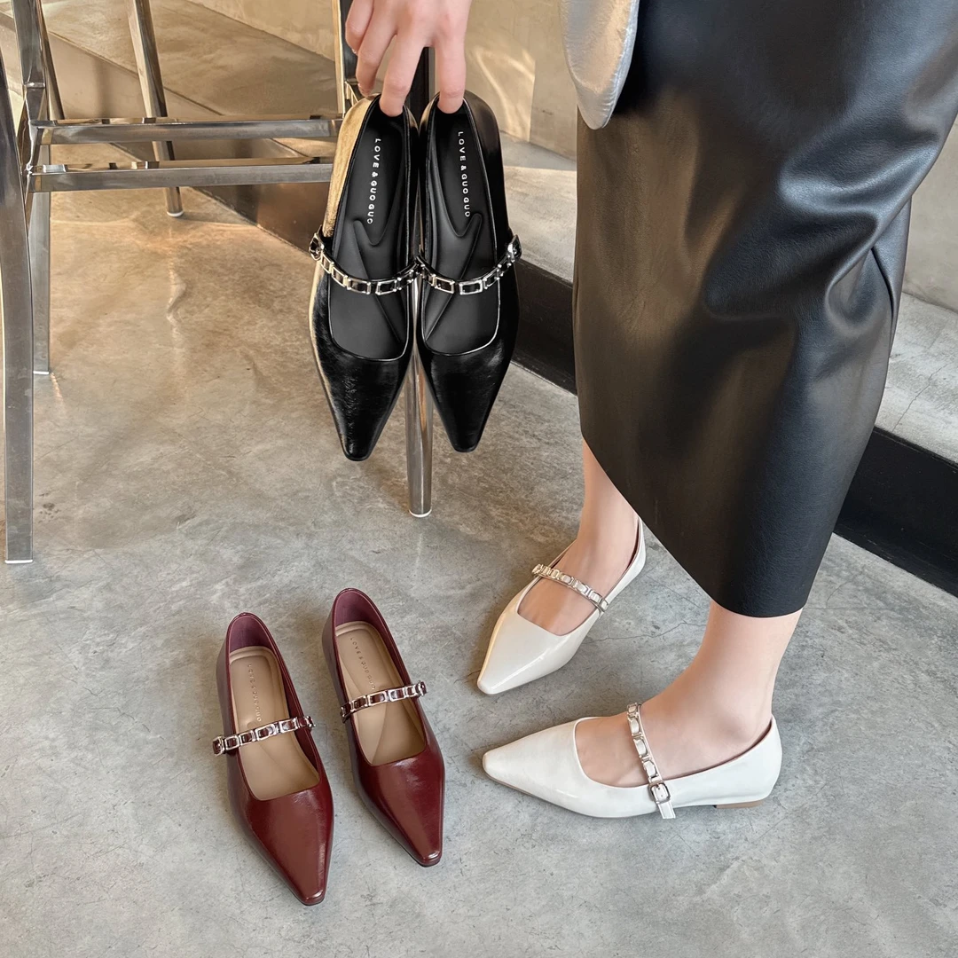 潮流伴侣2025春季新款尖头平底单鞋百搭浅口一字带法式玛丽珍女鞋