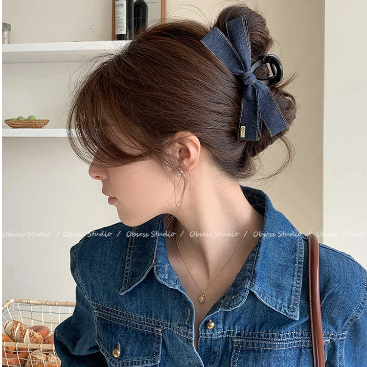 韩系时髦牛仔蝴蝶结抓夹2025新款高级感发夹后脑勺大号鲨鱼夹头饰