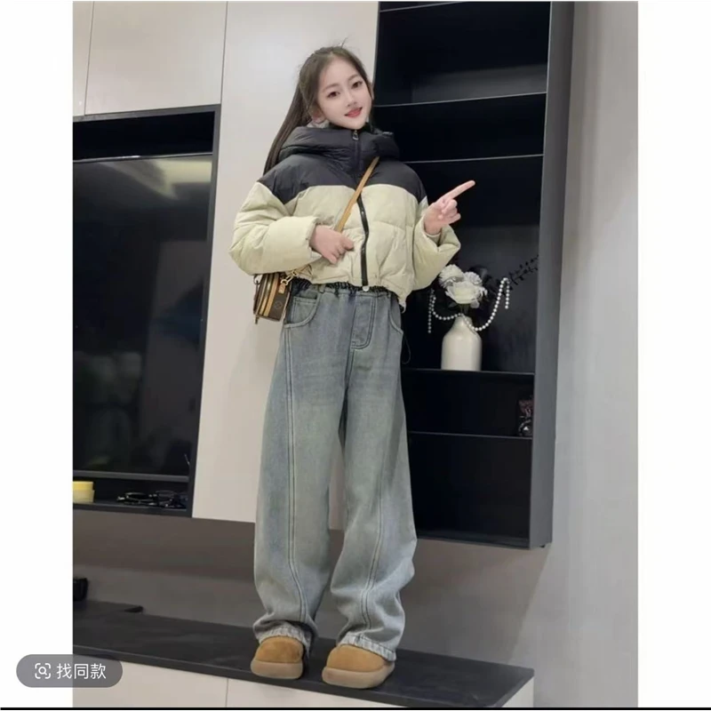 女童冬装2025新款洋气大童加厚短款保暖外套儿童面包服冬季牛仔裤