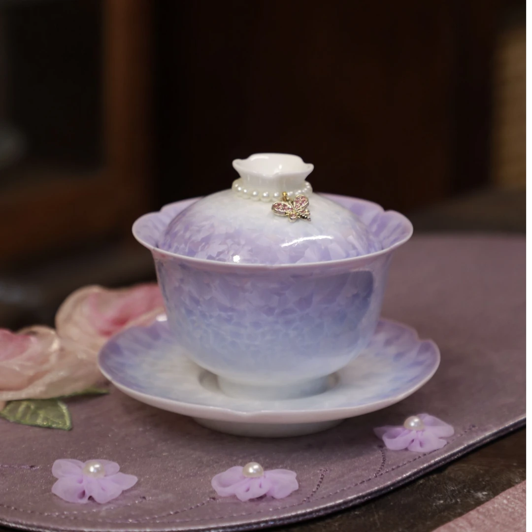 景德镇·结晶釉渐变紫白三才花口泡茶碗 盖碗（150ml）