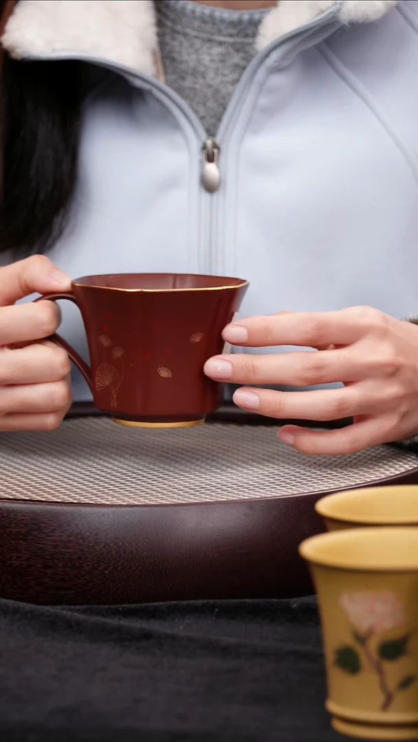 茶壶紫砂宜兴紫砂壶描金带把杯