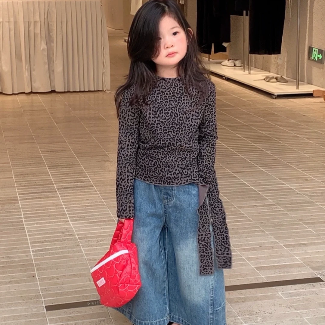 2025秋季新款童装 韩版童装 女童豹纹下摆开叉时尚T恤 儿童长袖T