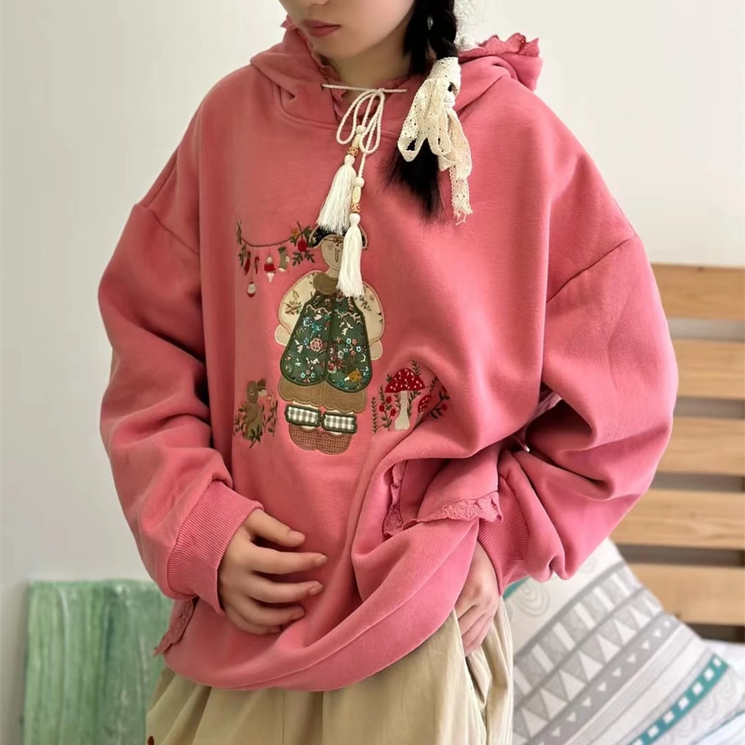 《米粒》61196桔衣梓森系甜美连帽宽松百搭减龄刺绣卫衣