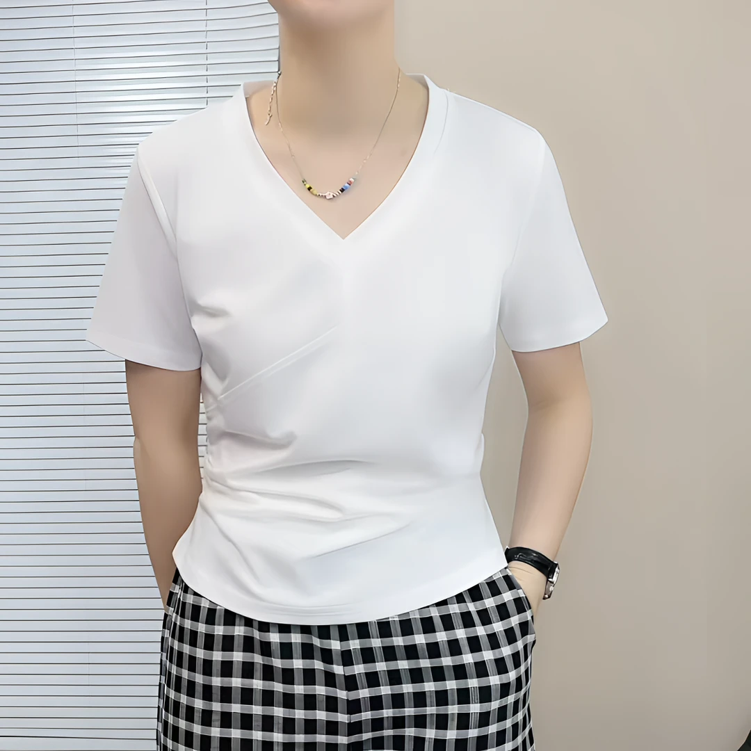 通勤常规V领修身型短袖T恤半袖宽松夏季修身设计感薄款显瘦打底衫
