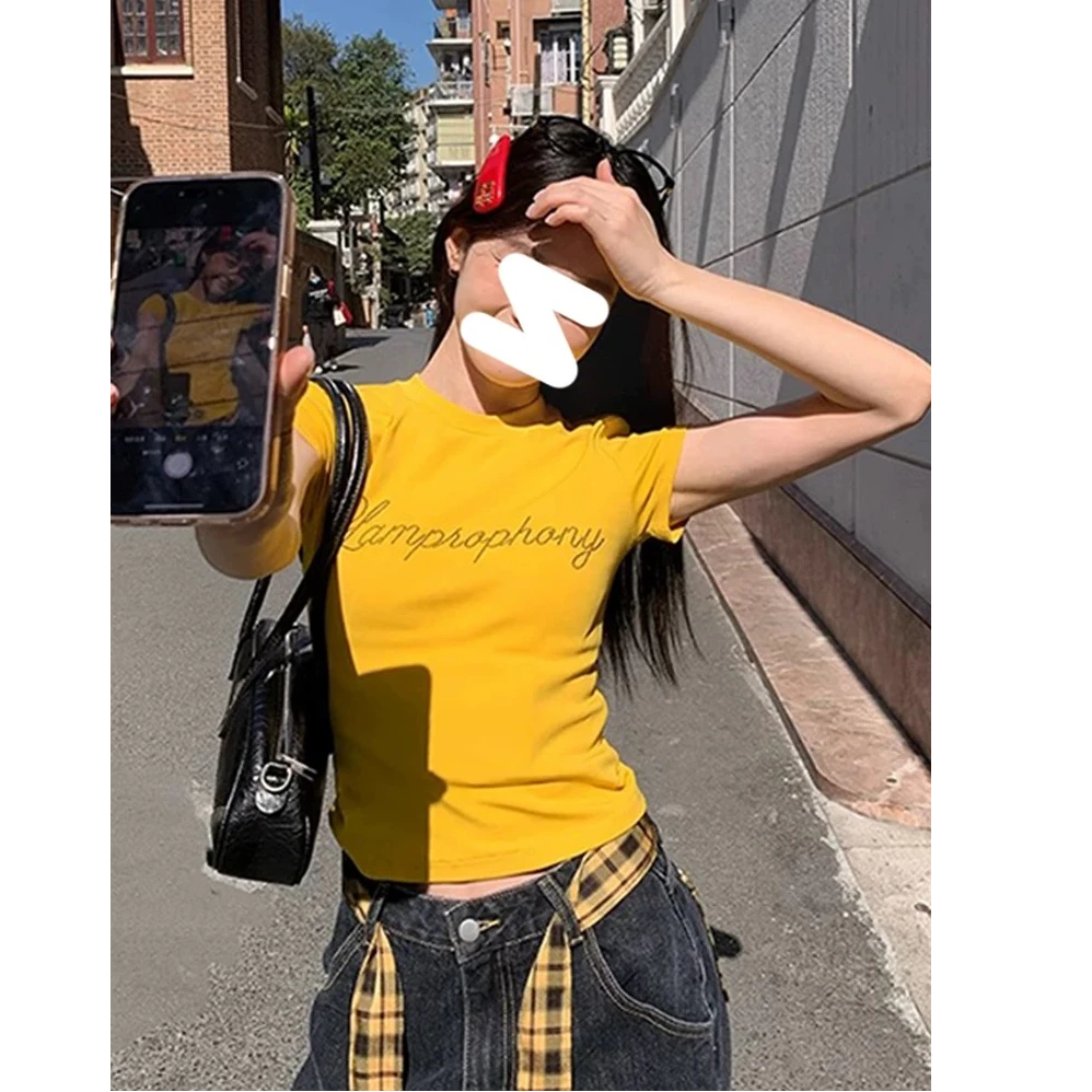 圆领黄色正肩字母烫钻短袖t恤女夏季修身显瘦美式辣妹短款上衣ins