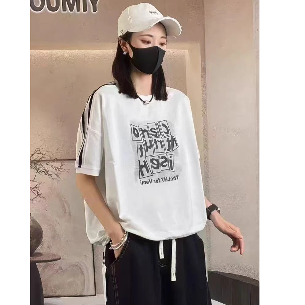 媄澜夏季新款字母印花T恤女宽松显瘦时尚百搭休闲减龄短袖上衣