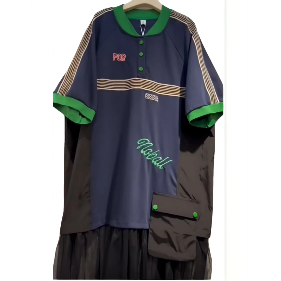 大码宽松休闲百搭短袖夏季新款洋气设计感拼蕾丝开领上衣2262