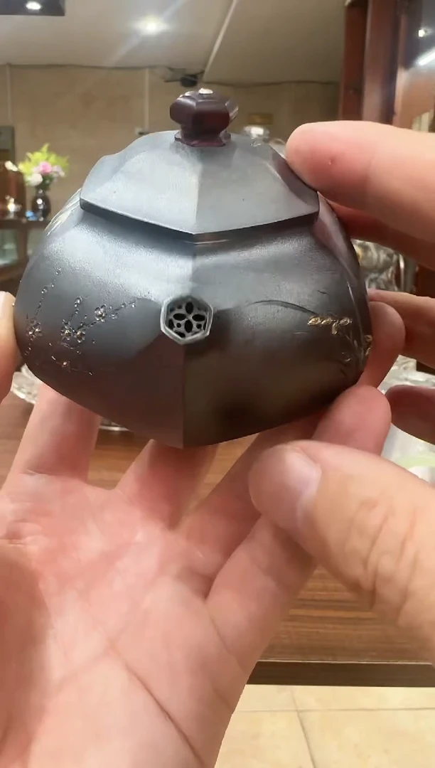 暗*足银999精工手工六方梅兰竹菊熏色泡茶壶