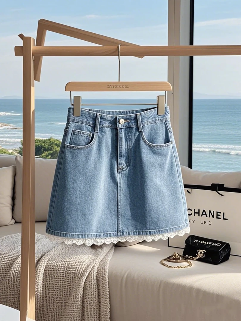 韩版浅蓝色高腰a字牛仔短裙女2025夏季小个子蕾丝花边拼接半身裙
