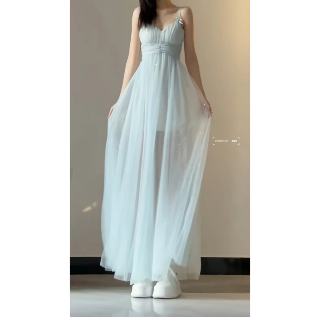 【蓝色泪光】法式气质女神2025春季新款绝美碎钻纱裙收腰显瘦连衣裙