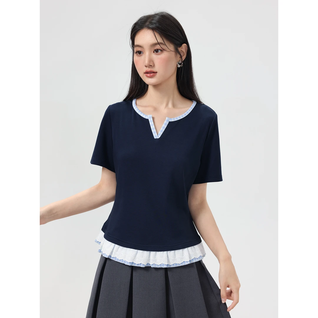 爱蔷薇大码格子拼接假两件短袖t恤女2025新款夏荷叶边上衣GT76684