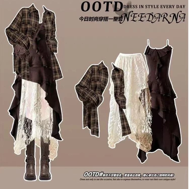 2025春季美拉德复古废土风格子衬衫不规则吊带裙蕾丝半身裙套装