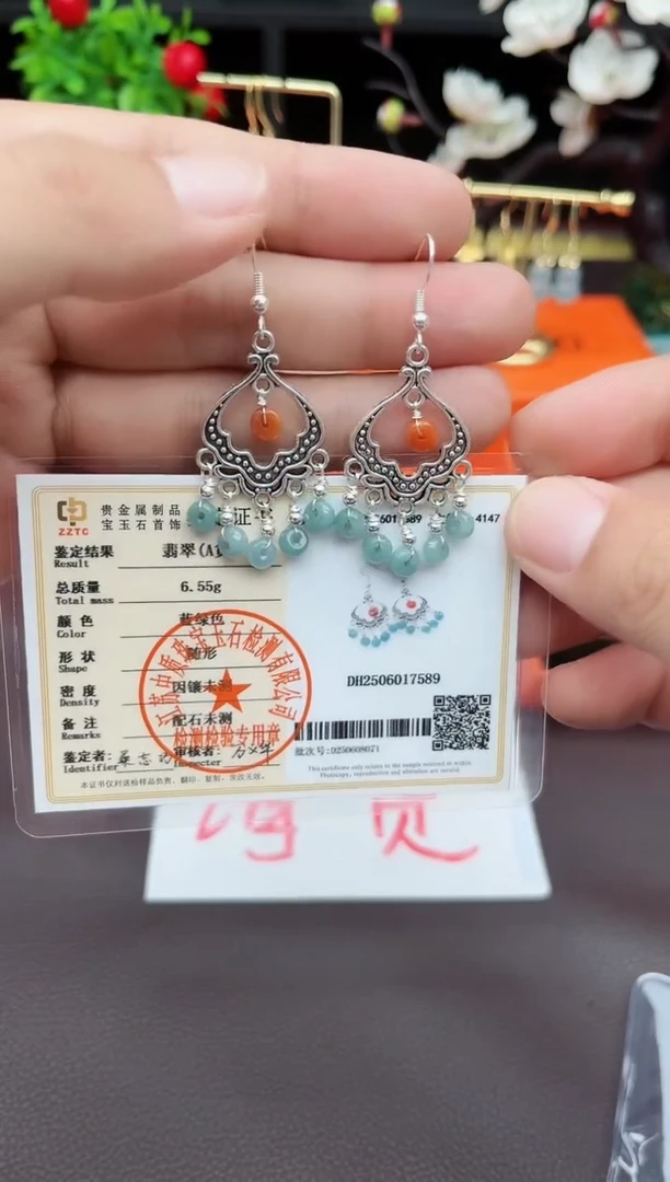 翡翠银S925镶嵌耳饰432000