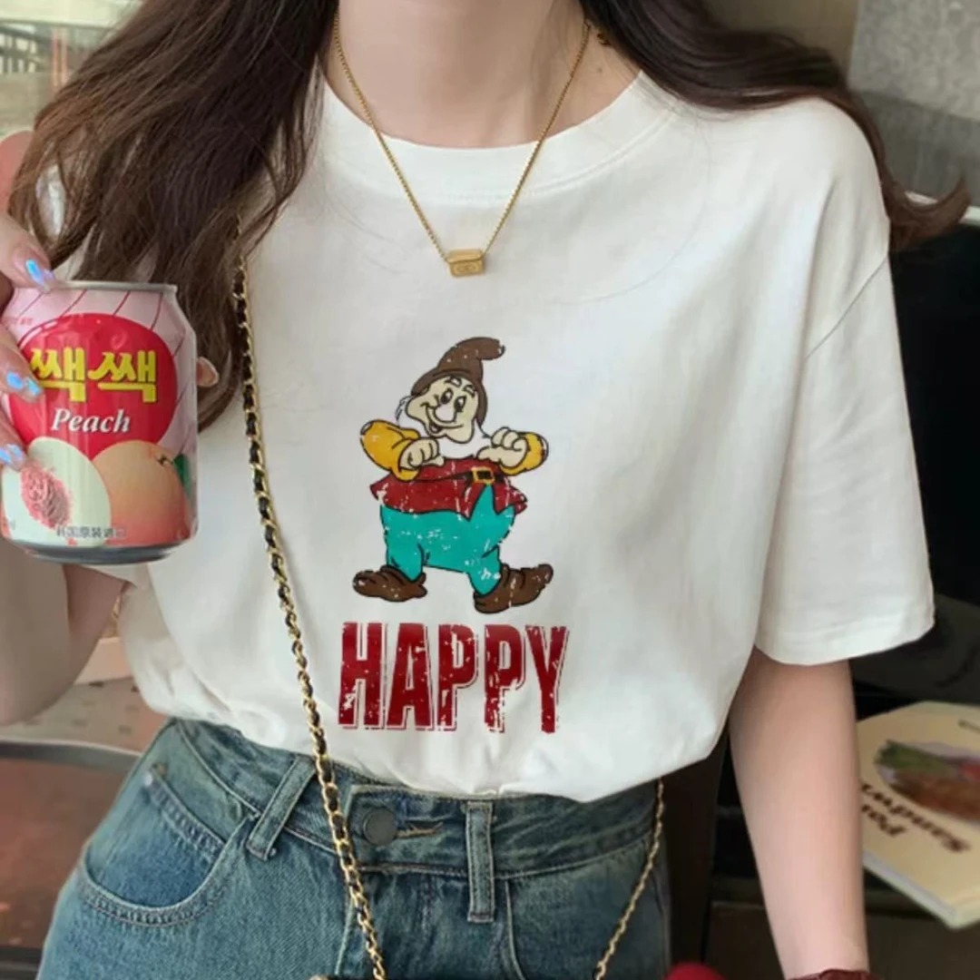 L003 夏季新款白色短袖T恤女宽松纯棉卡通印花上衣