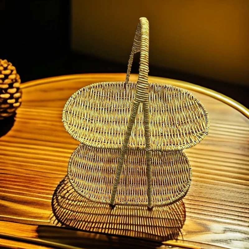 HR16双层浅咖色创意型椭圆形加固收纳篮纯手工编织