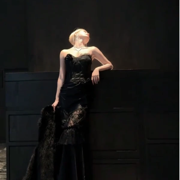 【宣宣家】（耀夜玫瑰）修身气质款鱼尾裙法式连衣裙-LXUYN48648