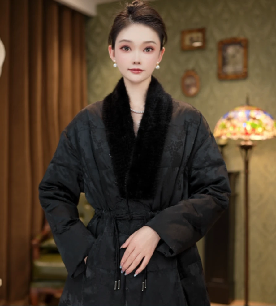 冬季新款收腰新中式羽绒刺绣皮草羽绒服2024D19331—古月玫瑰仓